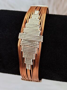 Handcrafted Copper Tone Wire Cuff Bracelet Silver Tone Wrapped Artisan